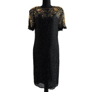 VINTAGE 80s Silk SweeLo Black Gold Beaded Sequin Short Sleeve Cocktail Dress M